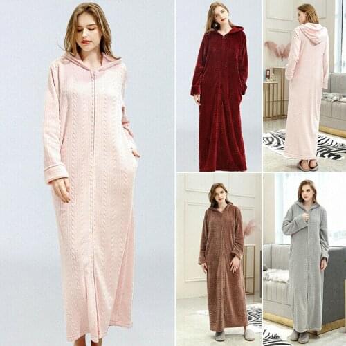 Womens Hooded Soft Dressing Gown Bath Robe Flannel Fleece Zip Warm Long Robes