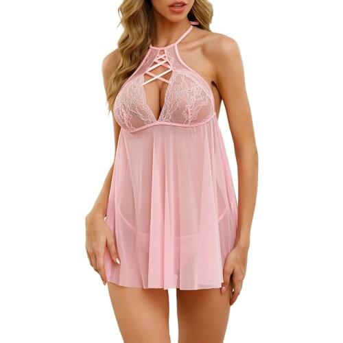 2021 Women Lingerie Two Pieces Exotic Sets Sexy Solid Mesh Yarn See Through V-neck Suspender Dress Low Waist Thong Sleepwear New