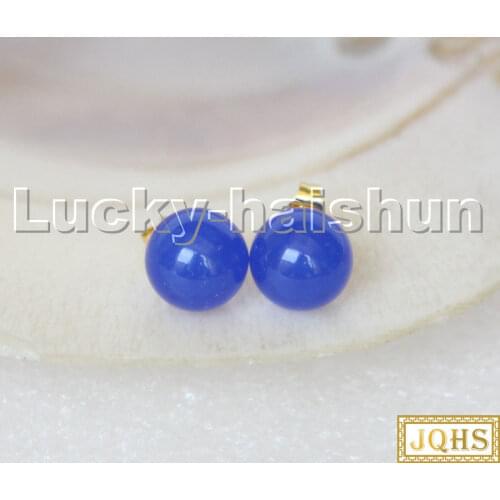 AAA natural Studs 10mm round navy blue Jade beads Earrings 14K gold post c288