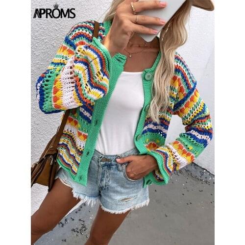 Aproms Elegant Rainbow Colored Long Sleeve Knit Cardigan Women Autumn Hollow Out Oversized Sweater Female Fashion Outerwear 2021