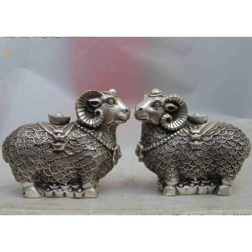 White Copper Silver Wealth Money YuanBao Zodiac Year Sheep Goat Antelope Statue