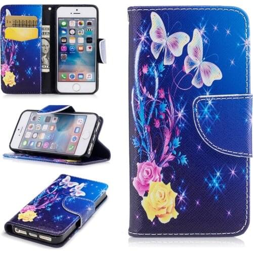 Colored Drawing PU Leather Cases for iPhone 5/5s iPhone SE Flip Mobile Phone Protective Cases with Wallet Card Holders&Kickstand