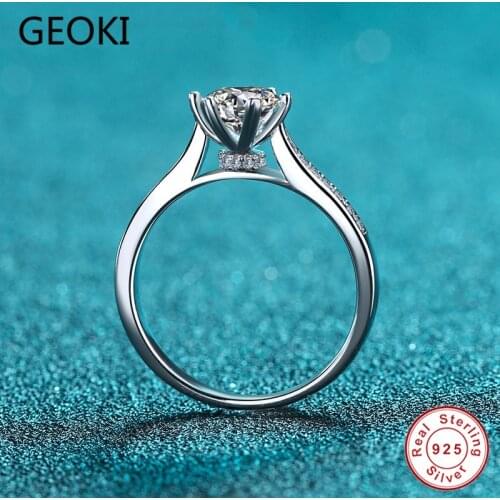Geoki Passed Diamond Test Round Perfect Cut 1 Ct D Color VSS1 Moissanite Ring Women 925 Sterling Silver 6 Prongs Diamond Ring