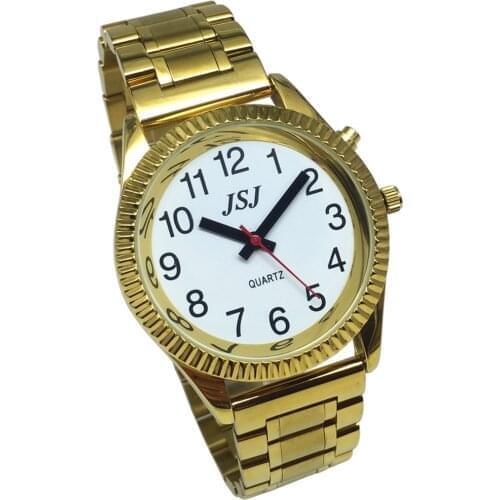 English Talking Watch with Alarm Function, Talking Date and time, White Dial, Folding Clasp, Golden Case TAG-208