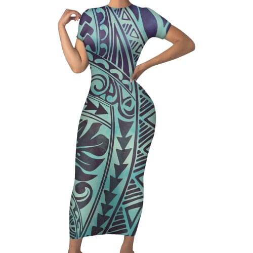 HYCOOL Customized Polynesian Style Plain Womens Plus Size Clothing Summer Short Sleeve Bodycon Maxi Dress Crew Neck Party Dress