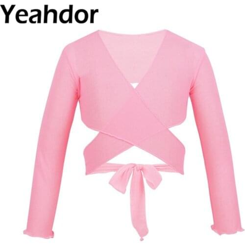 Kids Girls Classic Mesh Long Sleeve Dance Wrap Top with Adjustable Tie Closure Sports Gymnastics Performance Lyrical Dance Wear