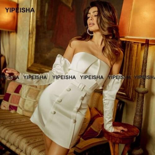 Yipeisha Short Party Dresses with Removable Sleeves Strapless Satin White Ivory Cocktail Gown Robe de Curto Mini Banquet Wear
