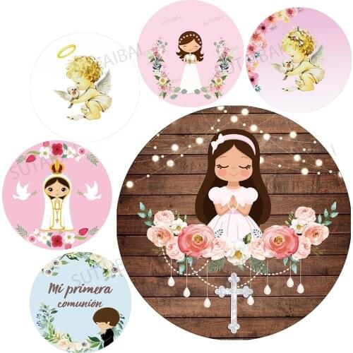 Boy Girl Baptism Round Backdrop Cover Wood Board Pink Flower Baby Shower Circle Background My First Communion Decoration Table