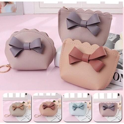 1PC Bowknot Cute Mini Coin Purse Portable Money Bag Zipper Keychain Girls Pouch Solid Color PU Leather Women Small Wallet