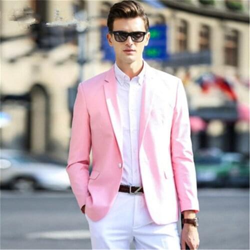 New Men’s Suit Smolking Noivo Terno Slim Fit Easculino Evening Suits For Men Pink Coat White Pant Men Suit Groom Tuxedos Man