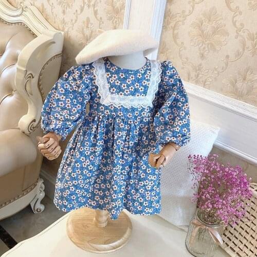 Autumn 2021 Korean childrens clothing baby girl French blue square collar lace broken flower bubble sleeve Long Sleeve Dress