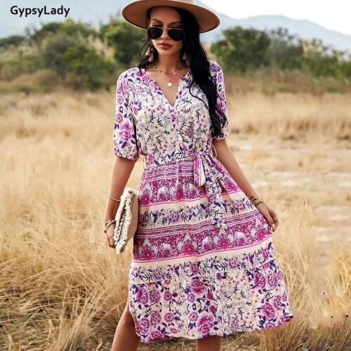 GypsyLady Floral Printed boho Dress Vintage chic Summer Holiday Dresses Women Lace Tie Up Chic Ladies Beach Female Dress 2021