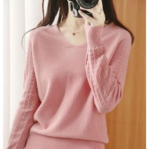 Hot New Product V-neck Pullover Fashion Women Hollow Knit Solid Color Wild Short Sweater Autumn/Winter High-grade wool sweater