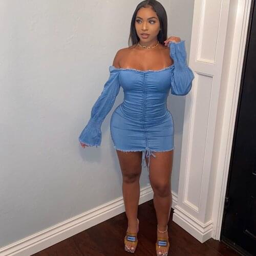 Sexy Off Shoulder Denim Dress Fall Clothes for Women 2020 Slash Neck Flare Sleeve Jean Dress Sheath Party Bodycon Dress Vestidos