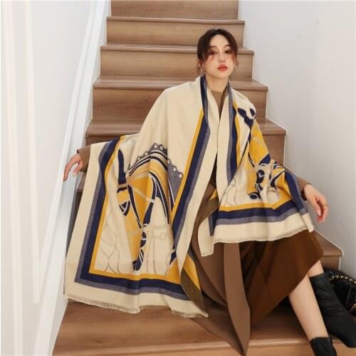 2021 New Thick Warm Shawl Stoles Scarf Women Winter Wraps Cashmere Pashmina Female Luxury Brand Horse Printed Blanket Lady