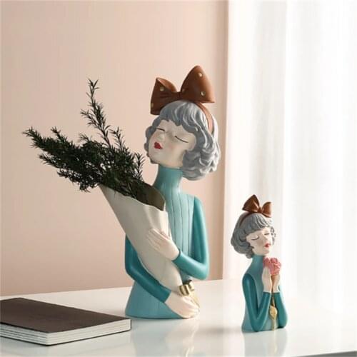 Nordic Modern Girl Sculpture Creative Vase Resin Statue Home Decoration Ornaments Living Room Girls Bedroom Decor Gifts