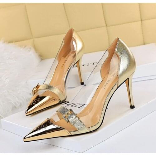 Party Summer Pumps Transparent Pointed Toe Metal belt buckle 8.5CM High Heels Ladies Spring/Autumn Fashion Sexy Club Women Shoes