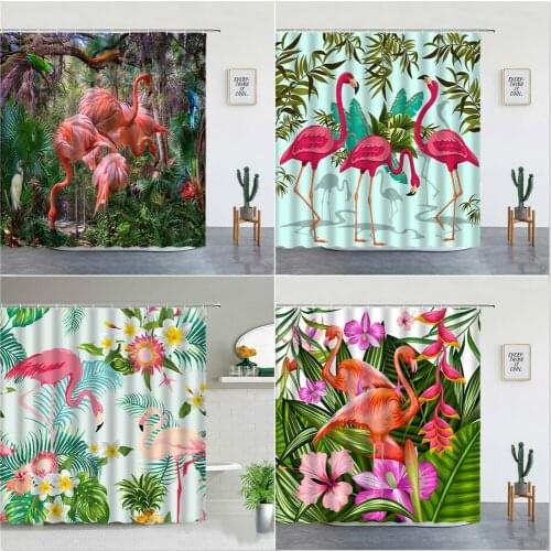 Flamingo Waterproof Shower Curtains Tropical Jungle Green Plants Leaves Bathroom Curtain Washable Bathtub Home Decor With Hooks
