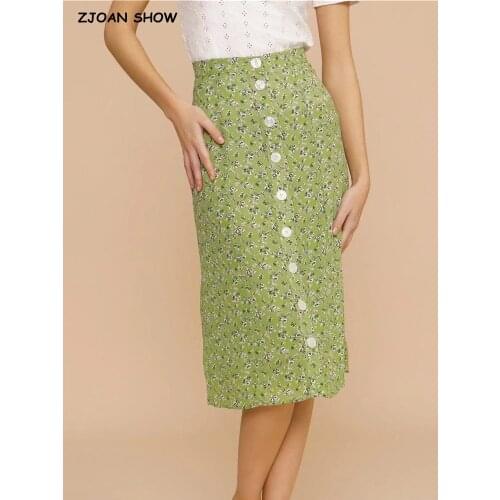 2021 Retro France Style Back Sashes Women Floral Midi Skirt Summer CHIC Center Buttons High Waist A line Skirts Holiday