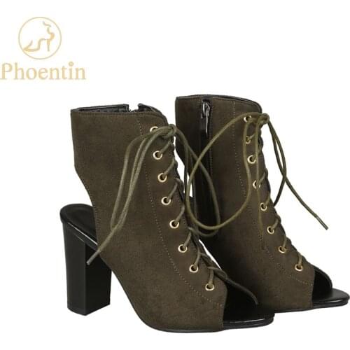 Phoentin army green summer boots women peep toe lace up sandals boots super high heels open heel side zipper shoes ladies FT613