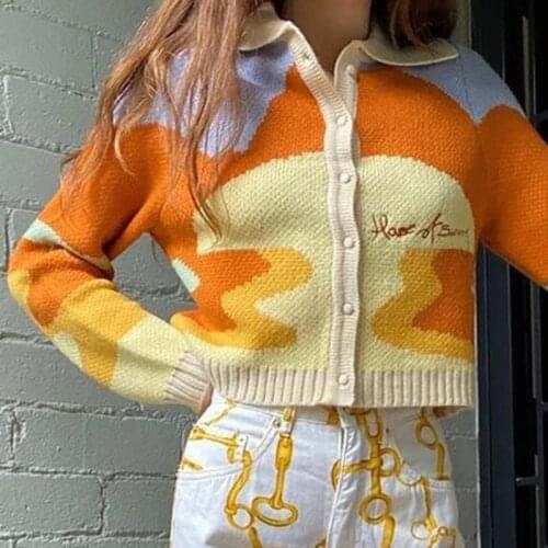 2021 Knit Cardigan Sweaters Women Long Sleeve Lapel Sweater Women Casual Loose Letter Print Crop Tops Coats Female Clothes