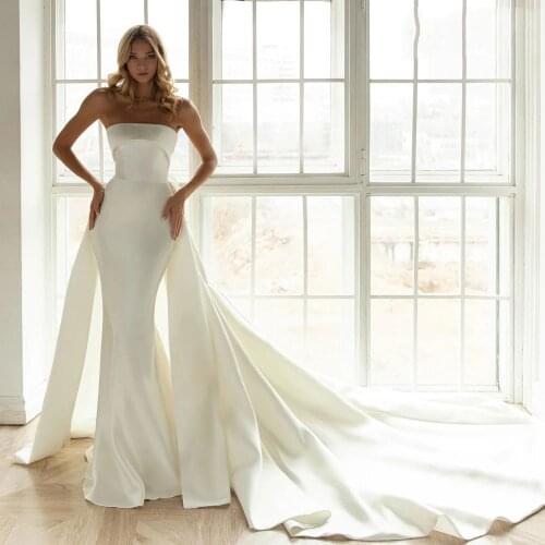 Soft Satin Mermaid Wedding Dress 2 In 1 Detachable Train Vestidos De Noivas Princess Women Bride Marriage Ivory Bridal Gowns