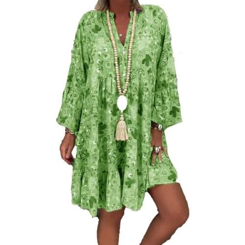 Ladies Mini Dress Cactus Print Ruffled Summer Women V Neck Long Sleeve Buttons Dress vetments femme платье летнее женское2021