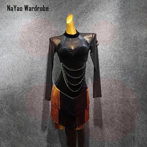 2020 New Long Sleeve Black And Yellow TasselLatin Dance Dress Dancing Performance Women Dress Ballroom Samba Tango LP426