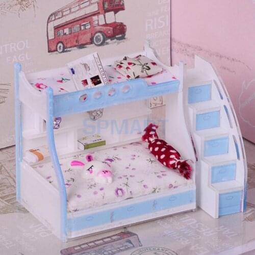 1/12 Dollhouse Miniature Children Bedroom Furniture Bunk Bed Double Bunk with Accessories Sky Blue Color