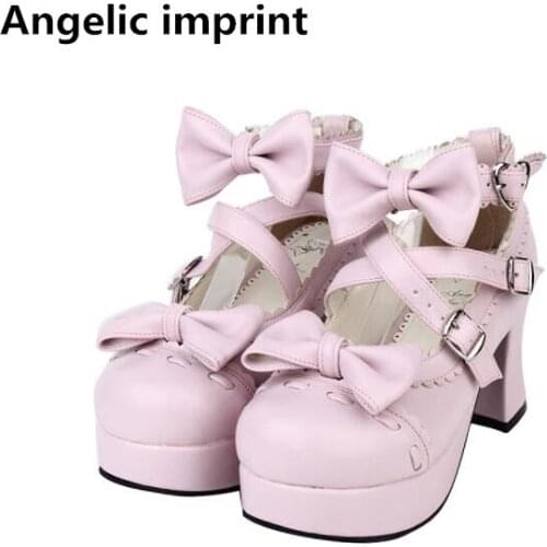 Angelic imprint woman mori girl lolita cosplay shoes lady high heels pumps women princess dress party shoes 7.5cm 33-47 bowties