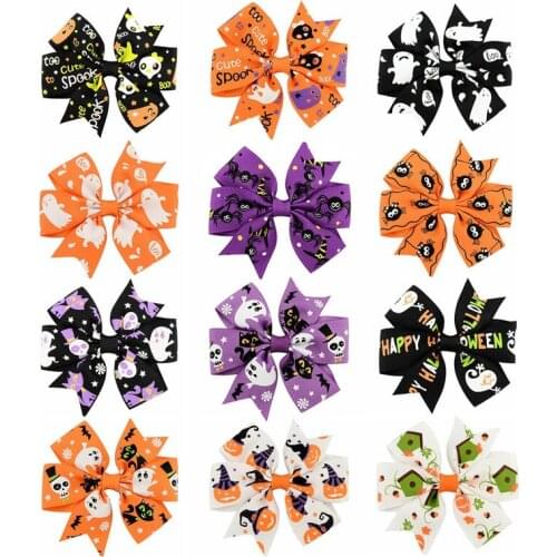 Halloween Hair Bows Decoration Grosgrain Ribbon Hair Bows for Baby Girls Pumpkin Pinwheel Hair Clips Headwear Hair Accessories