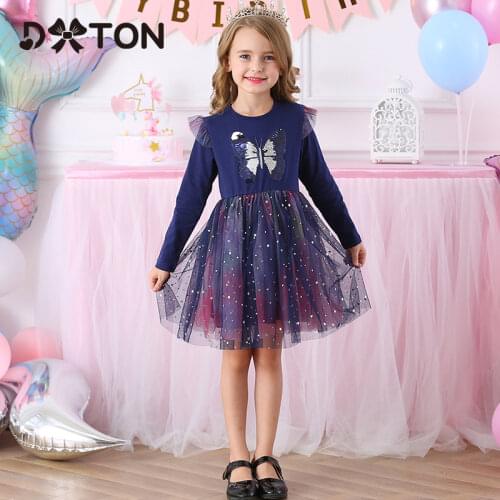 DXTON New Kids Winter Dress For Girls Sequined Baby Girls Dress Christmas Children Clothing Butterfly Long Sleeve Princess Dress