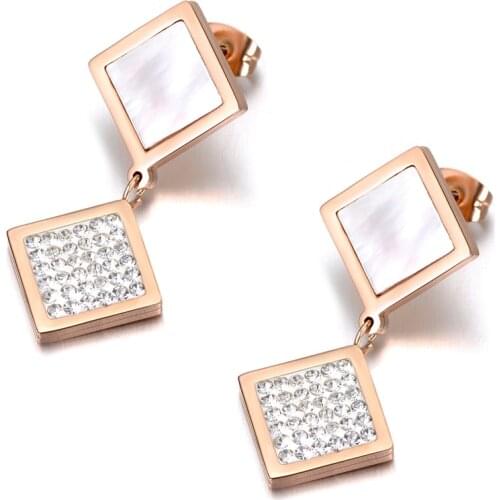 JeeMango Jewelry Rose Gold Color Stainless Steel Square Clay Crystals & Shell Stud Earrings For Women Boucle D'oreille E18050