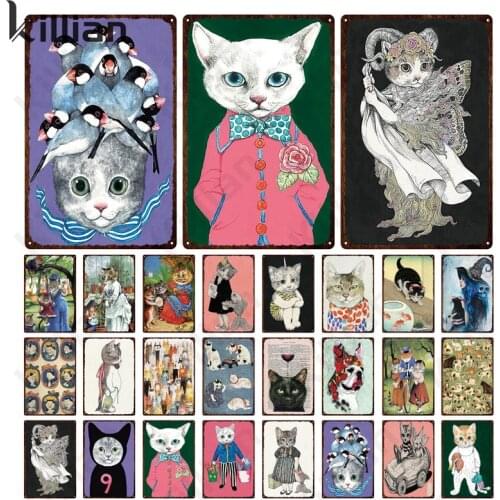 Cat Picture with Red Wine Glass Above Head Metal Plate Animal Metal Poster Pastoral Dog Metal Plaque Bedroom Living Room Decor