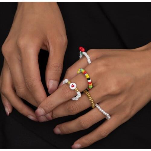 5PCS/SET Bobemia Rings Summer Colorful Beads Cute Heart Ring for Women Kids BOHO Beach Jewelry Gifts Fashion Adjustable Rings