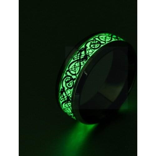 Titanium Steel Dragon Ring Luminous Plated Ring Dark Glowing Fashion Inlay Dragon Background Green Fluorescent Golden Men R N7E0