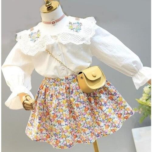 Autumn Girls' Clothing Sets Ladies French Style Lace Lapel Shirt And Floral Skirt 2Pcs Children Outfits Baby Kids Clothes Suit