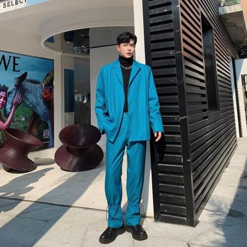 Men 2 Piece Suits Sets (jacket+pant) Male Streetwear Vintage Fashion Hip Hop Loose Casual Blazer Jacket Suit Coat Stage Costumes