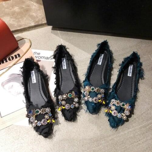 Spring Autumn Hot Sale Solid Color Elegant Rhinestone Decoration Retro Fashion Casual Non-slip Flat Shoes Women Slip-On W38-44