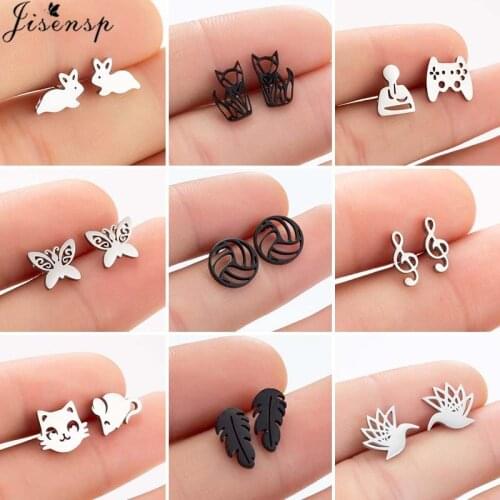 Small Stainless Steel Stud Earrings for Women Men Punk Black Leaf Mouse Birds Rabbit Music Earings Fashion Jewelry New 2021