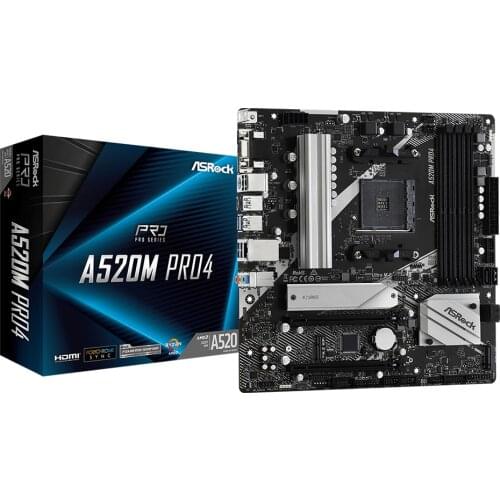 ASRock Super Alloy A520M Pro4 Desktop Motherboard A520 Socket For AMD AM4 CPU DDR4 SATA3, 1 Ultra M.2 USB 3.1 HDMI Micro ATX