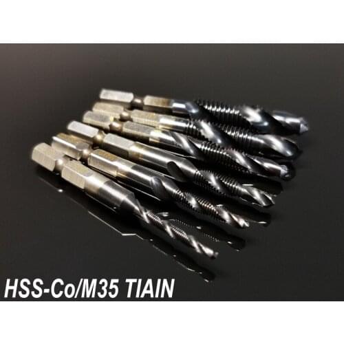 6Pcs Set TIAIN Spiral Pointed Complex Taps HSS Co/M35 Stainless Steel Tapping Chamfering Tool Kit 1/4" Hex Shank Metric M3-M10