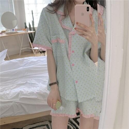 New style ruffles summer pajamas set turn down collar shirt shorts 2 piece set polka dot plaid home clothes sleepwear suit Y588