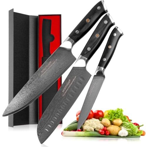 Mokithand 3pcs Damascus Chef Knives Japanese VG10 Kitchen Knife Set 67 Layer High Carbon Steel Santoku Cooking Knife G10 Handle
