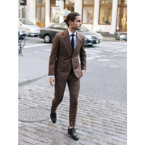 ANNIEBRITNEY Brown 2 Piece Slim Fit Formal Men Suit Wool Custom Groom Wedding Tuxedo High End 2 Piece Prom Wedding Men Suit Set