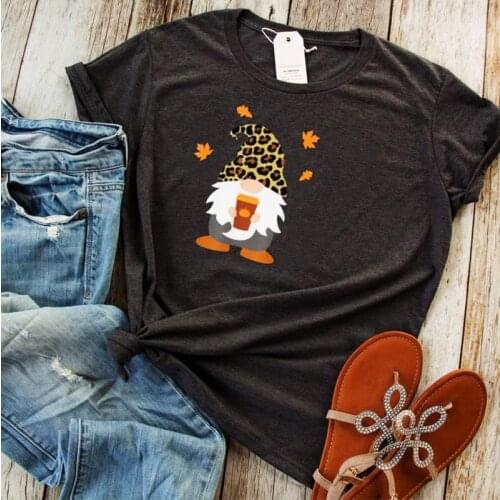 Fall Gnome with Pumpkin Spice Halloween Woman Tshirts 2021 Thanksgiving Cute Gift Shirt Casual Cartoon Graphic Kawaii Clothes L