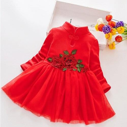 3-7 years old girl baby dress autumn children embroidery flowers Chinese style little girl long sleeve cheongsam princess dress