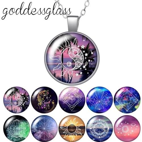 Sun and Moon planet out space night stars Round Glass glass cabochon silver plated/Crystal pendant necklace jewelry for Gift