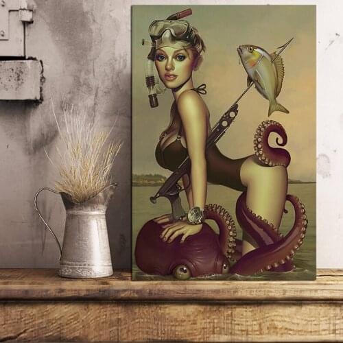 Sexy Girl Diving Fishing Poster Painting On Canvas Bedroom Vintage Wall Art Decoration Pictures Home Decor