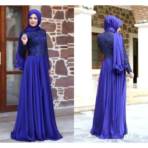 Royal Blue Muslim Evening Dresses A-line Long Sleeves Chiffon Lace Islamic Scarf Dubai Saudi Arabic Long Prom Evening Gown